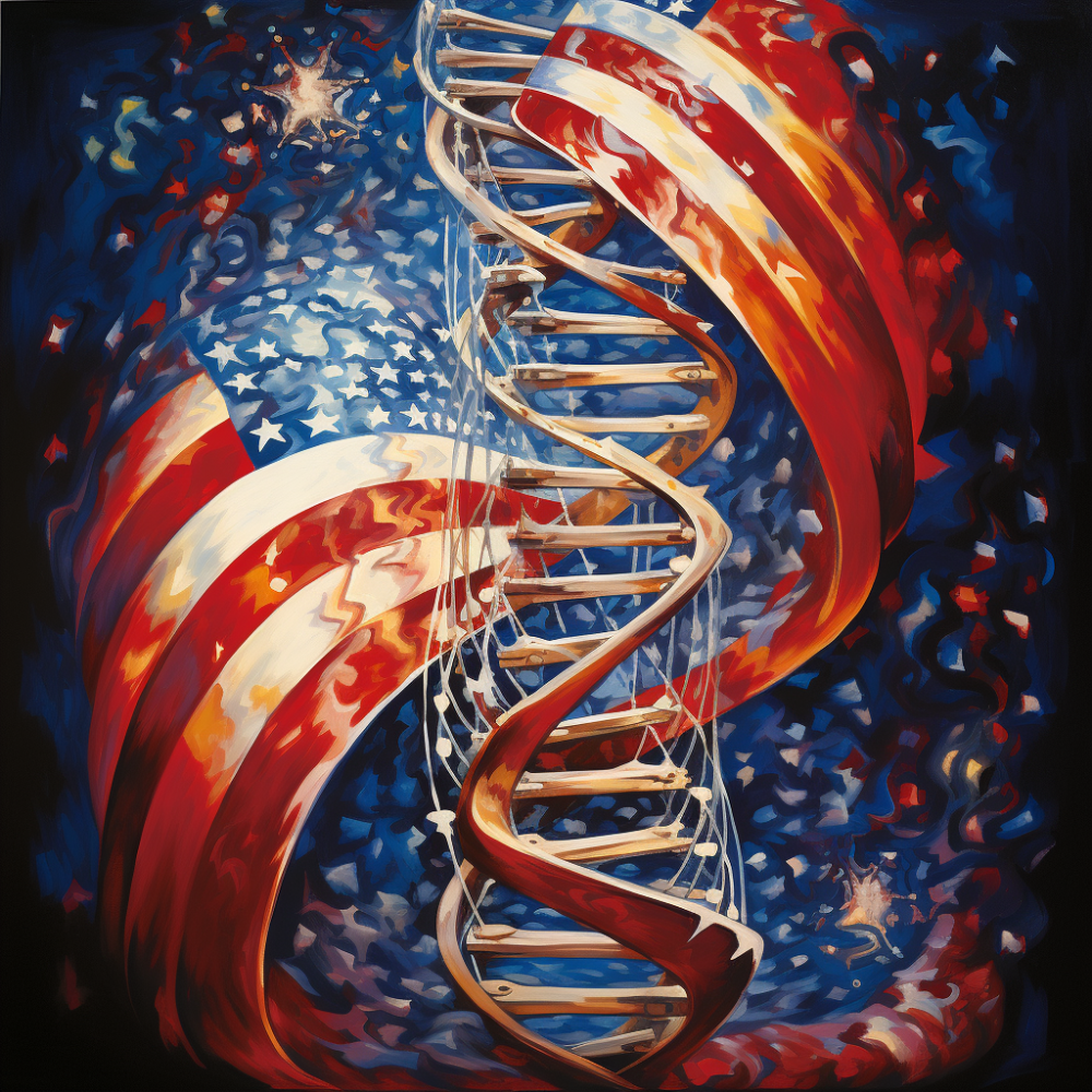 . Crisp American flag morphs fluidly into a DNA helix, representing the adaptability ingrained in the nation's genetic code. 